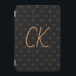 Black gold monogram initials script modern iPad mini cover<br><div class="desc">Personalize and add your monogram letters,  initials,   The monogram initials as a pattern on the background.   A classic chic black background colour.  Golden coloured letters.</div>