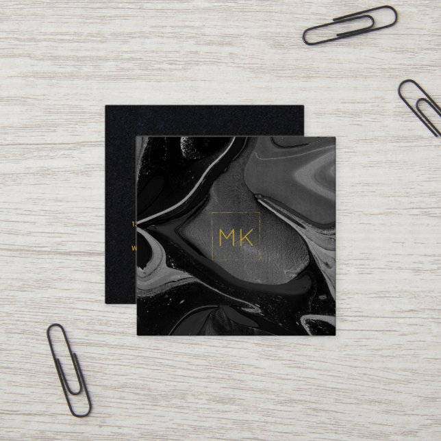 Black & Gold Monogram | Marble Square Business Square Business Card (Front/Back In Situ)