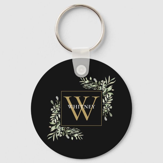 Black Gold Monogram Modern Greenery Personalized  Keychain (Front)