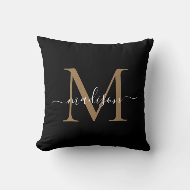 Black Gold Monogram Modern Stylish Feminine Script Throw Pillow (Front)
