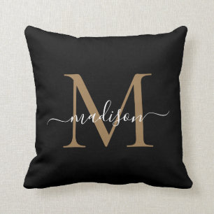 Black Gold Monogram Modern Stylish Feminine Script Throw Pillow