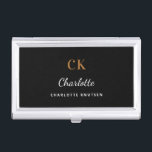 Black gold monogram name elegant modern business card holder<br><div class="desc">A classic chic black background. Personalize and add your first name,  monogram initials and full name. Modern,  trendy and simple.</div>