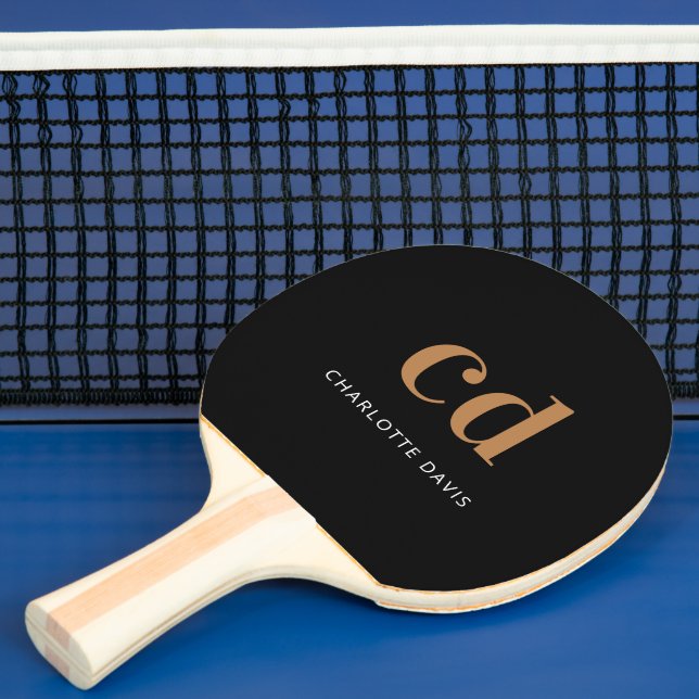 Black gold monogram name elegant modern ping pong paddle (Insitu)
