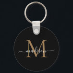 Black Gold Monogram Name Elegant Modern Script Keychain<br><div class="desc">Simple Black Gold Monogram Elegant Modern Script Keychain</div>