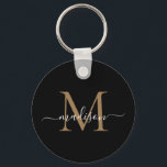 Black Gold Monogram Name Elegant Modern Script Keychain<br><div class="desc">Simple Black Gold Monogram Elegant Modern Script Keychain</div>