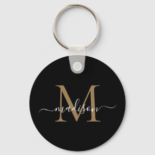 Black Gold Monogram Name Elegant Modern Script Keychain
