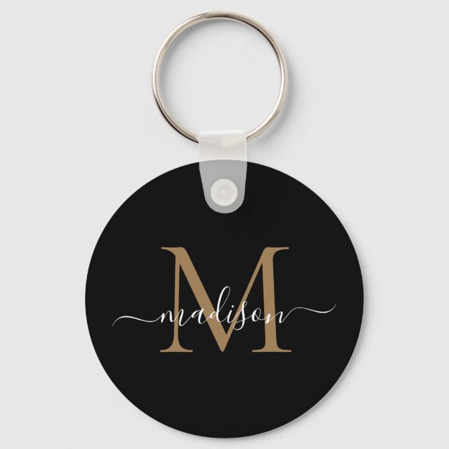 Black Gold Monogram Name Elegant Modern Script Keychain (Front)