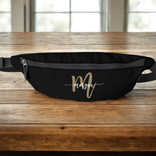 Black Gold Monogram Name Girl's Script Fanny Pack