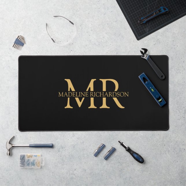 Black Gold Monogram Name Initials Office Desk Mat (Workstation)