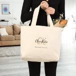 Black gold monogram name initials script simple large tote bag<br><div class="desc">Personalize and add your first name,  monogram initial and full name.  Black and golden coloured text. The name is written with a modern hand lettered style script.</div>