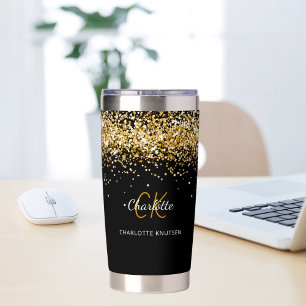 Black gold monogram name insulated tumbler