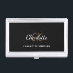 Black gold monogram name minimalist business card holder<br><div class="desc">A classic chic black background. Personalize and add your first name,  monogram initials and full name. Modern,  trendy and simple.</div>