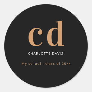 Black gold monogram name modern minimalist classic round sticker