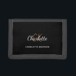 Black gold monogram name script minimalist trifold wallet<br><div class="desc">A stylish black background. Personalize and add your first name,  monogram initials and full name. The name is written with a hand lettered style script.</div>