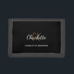 Black gold monogram name script minimalist trifold wallet<br><div class="desc">A stylish black background. Personalize and add your first name,  monogram initials and full name. The name is written with a hand lettered style script.</div>