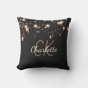 Black gold monogram name stars outdoor pillow