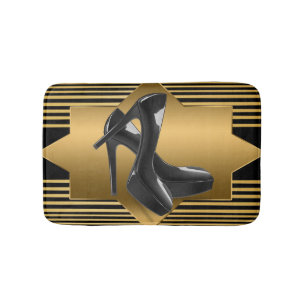 Black Gold Monogram Pattern & High Heels Bath Mat
