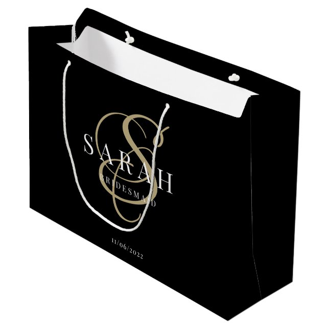 Black Gold Monogram Personalized Bridesmaid Large Gift Bag (Front Angled)