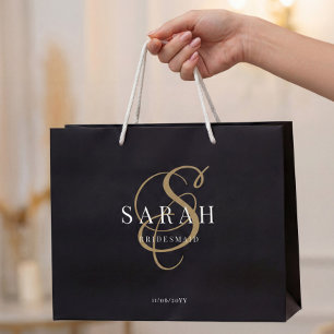 Black Gold Monogram Personalized Bridesmaid Large Gift Bag