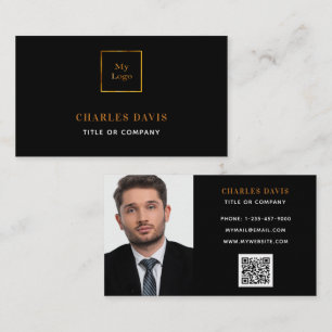 Black gold monogram photo Qr code logo Business Card