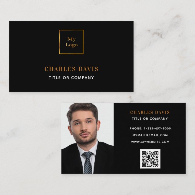 Black gold monogram photo Qr code logo Business Card (Front/Back)