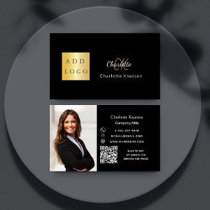 Black gold monogram photo Qr code logo Business Card