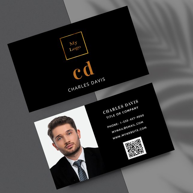Black gold monogram photo Qr code logo Business Card (Creator Uploaded)