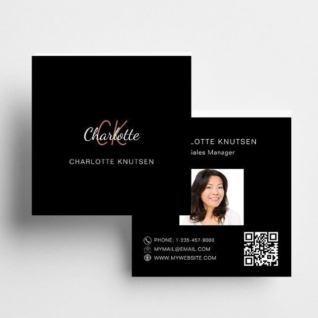 Black gold monogram photo Qr code Square Business Card (Creator Uploaded)