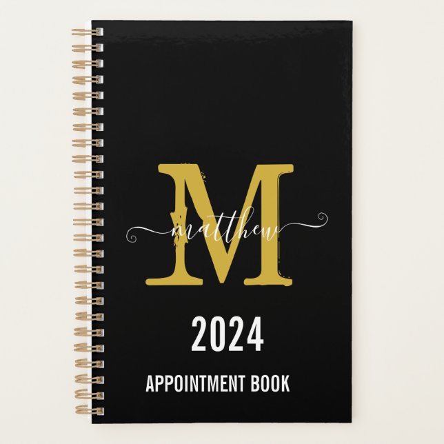 Black & Gold Monogram Script Appointment Book  Planner (Front)