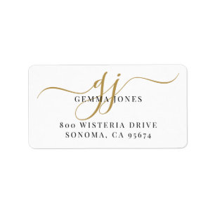 Black Gold Monogram Script Name Return Address  Label
