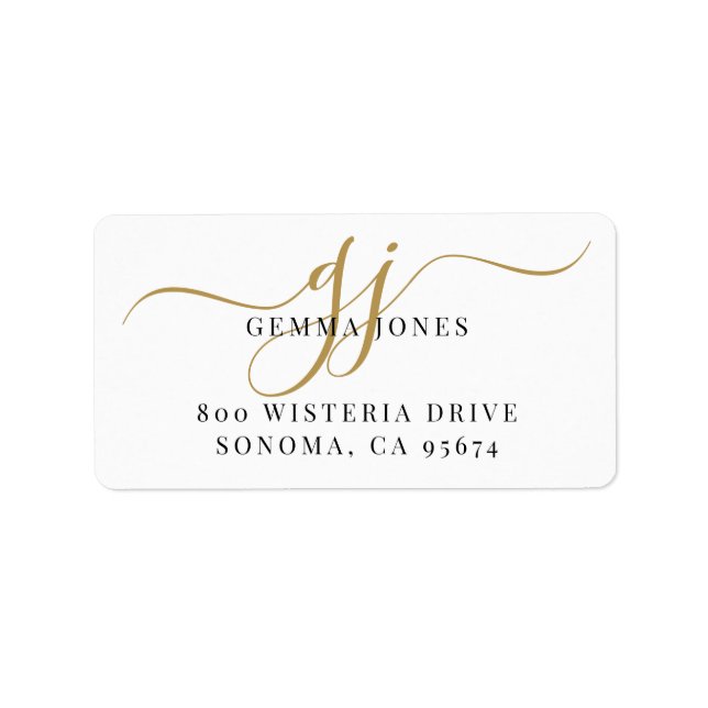 Black Gold Monogram Script Name Return Address  Label (Front)