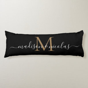 Black Gold Monogram Script Newlywed Anniversary Body Pillow