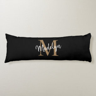 Black Gold Monogram Script Newlywed Anniversary Body Pillow