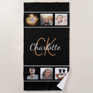 Black gold monogram script photo collage beach towel