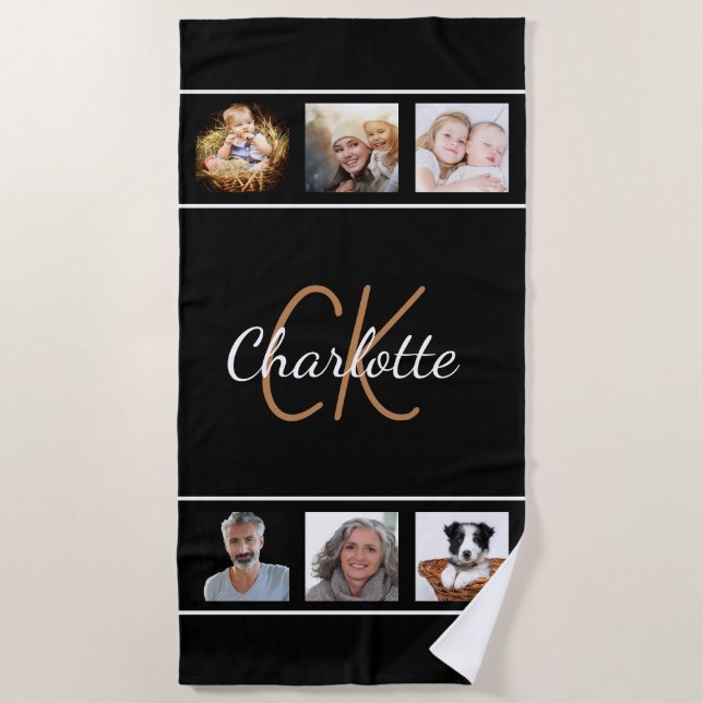 Black gold monogram script photo collage beach towel (Front)