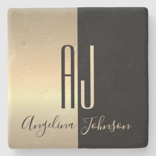 Black Gold Monogram Stone Coaster