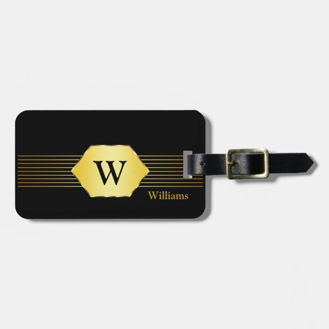 Black & Gold Monogram Style Luggage Tag (Front Horizontal)