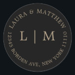 Black Gold Monogram Wedding Classic Round Sticker<br><div class="desc">Modern and minimalist wedding Sticker featuring your two initial monogram and address. A simple design that still comes across as chic and stylish. These envelopes are a great way to add an elegant touch to your wedding invitation suite.</div>