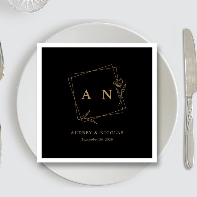 Black Gold Monogram Wedding Reception Napkin (Sleek Black & Gold Personalized Wedding Reception Napkins)