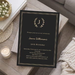 Black gold monogram wreath minimalist birthday invitation