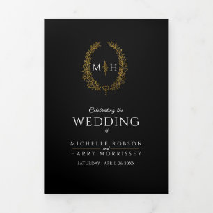 Black gold monogram wreath story & program wedding Tri-Fold programme
