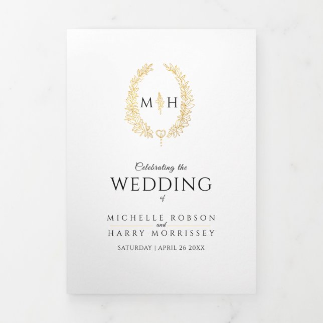 Black gold monogram wreath story & program wedding Tri-Fold programme (Cover)