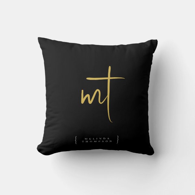 Black Gold Monogrammed Initials Script Typography  Throw Pillow (Front)