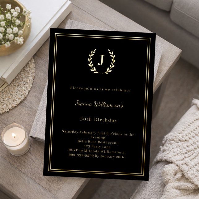 Black gold monogrammed wreath birthday (Creator Uploaded)
