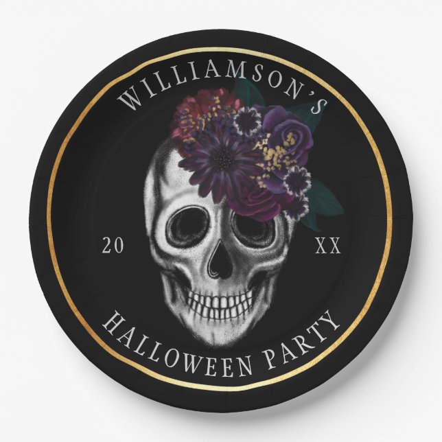 Black & Gold Moody Floral Halloween Skull Party Paper Plate (Front)