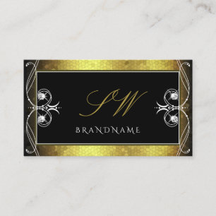 Black Gold Mosaic Ornate Sparkle Diamonds Monogram Business Card