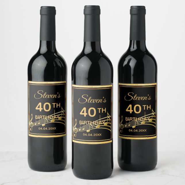 Black gold music notes 40th Birthday party Wine Label (Bottles)