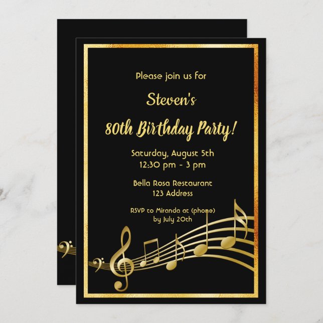 Black gold music notes birthday invitation (Front/Back)
