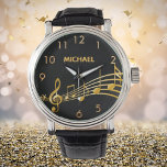 Black gold music notes name watch<br><div class="desc">Simple and elegant for a music lover or musician! Black background with faux gold music notes. Template for your name, golden letters. Golden clock numbers.</div>