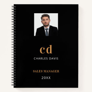 Black gold name initials photo business notebook
